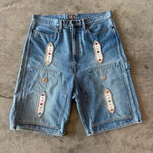 Kapital Kountry Mens Blue Studded Jewel Patch Denim Carpenter Shorts Size 36